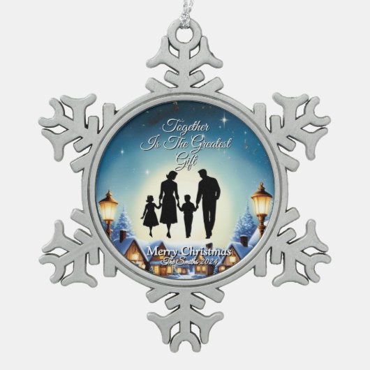 エレガントシンプルモダンヴィンテージ家族クリスマス スノーフレークピューターオーナメント (正面)