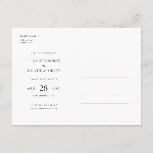 エレガントシンプルモダン写真の日付の保存 インビテーションポストカード (裏面)