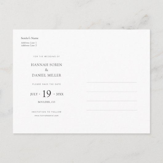 エレガントシンプルモダン写真の結婚式 案内ポストカード (裏面)