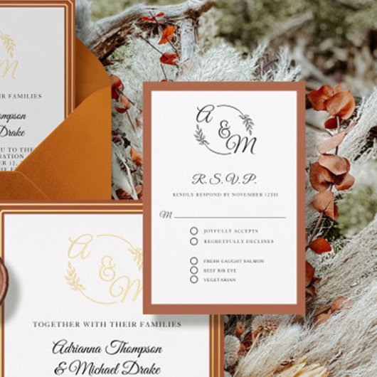 エレガントシンプルモダン焦したオフォーマルレ結婚ンジ 出欠カード