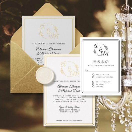 エレガントシンプルモダン白黒結婚ズ 出欠カード