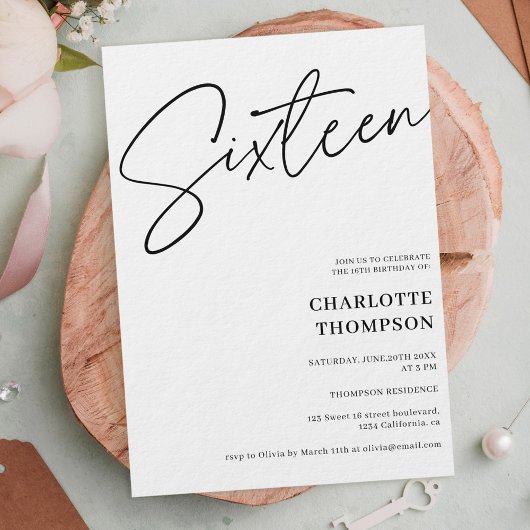 エレガントシンプルモダン白黒photo Sweet 16 招待状