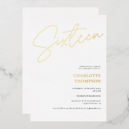 エレガントシンプルモダン白Sweet 16金ゴールド 箔招待状 (正面/裏面)