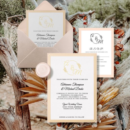 エレガントシンプルモダン赤面ピンクゴールドフォイル結婚ズ 箔招待状