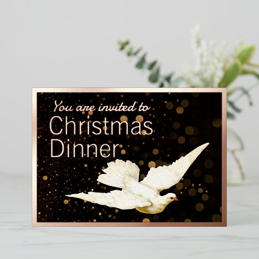 エレガントシンプルモダン金ゴールドドーヴクリスマスディナー 箔招待状 (立ち正面)
