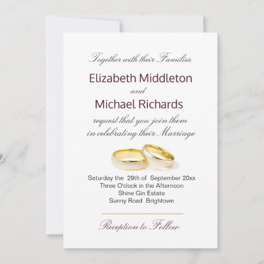エレガントシンプルモダン金ゴールド結婚リングや輪 招待状 (正面)