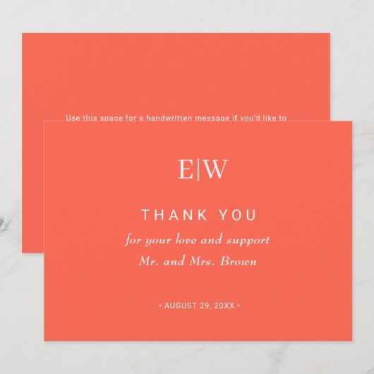 エレガントシンプルモノグラムのネオン結婚フレア サンキューカード (正面/裏面)