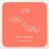 エレガントシンプルモノグラムのネオン結婚フレア スクエアペーパーコースター (正面)