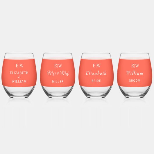 エレガントシンプルモノグラムのネオン結婚フレア ステムなしワイングラス (正面)