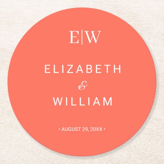 エレガントシンプルモノグラムのネオン結婚フレア ラウンドペーパーコースター (正面)