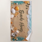 エレガントシンプルモノグラムのビーチハウスシーショア ビーチタオル (正面)