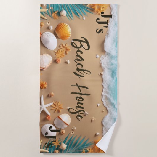 エレガントシンプルモノグラムのビーチハウスシーショア ビーチタオル (正面)