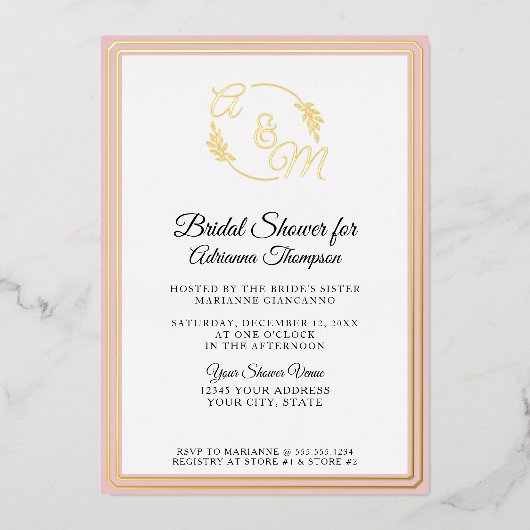 エレガントシンプルモノグラムピンク金ゴールドブライダルシャワー 箔招待状 (正面)