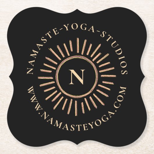 エレガントシンプルモノグラムブラック金ゴールドモダン ペーパーコースター (正面)