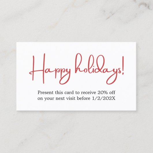 エレガントシンプルレッドホワイトはっきりしたホリデークーポン 割引カード (正面)