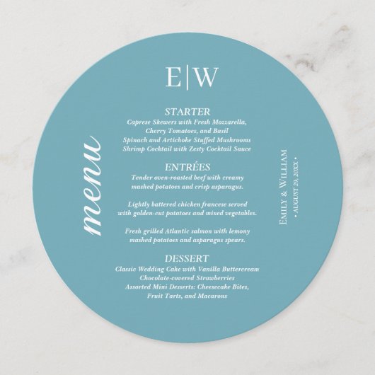エレガントシンプルレトロブルーとモノグラム結婚ズ メニュー (正面)