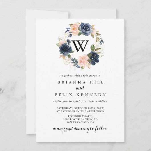 エレガントシンプル冬フローラモノグラム結婚ズ 招待状 (正面)
