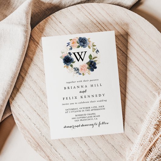 エレガントシンプル冬フローラモノグラム結婚ズ 招待状