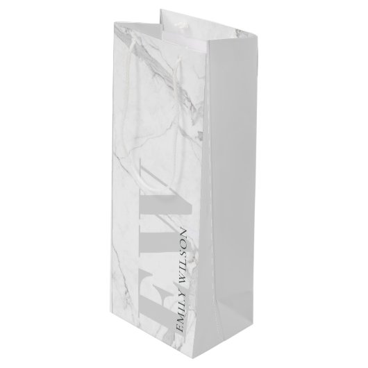 エレガントシンプル大理石グレーネームモノグラム ワインギフトバッグ (正面アングル)