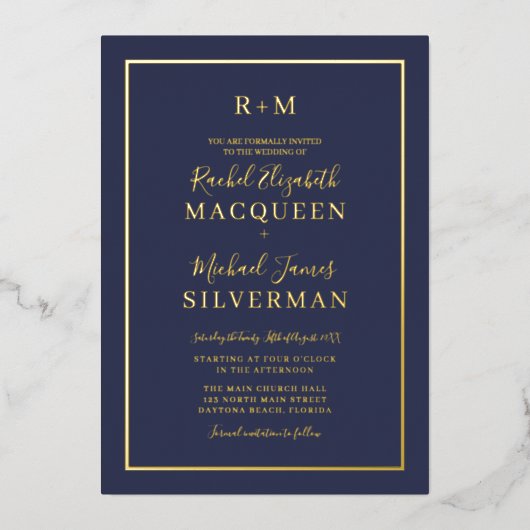 エレガントシンプル実在金ゴールドは青縁ど海軍です 箔招待状 (正面)