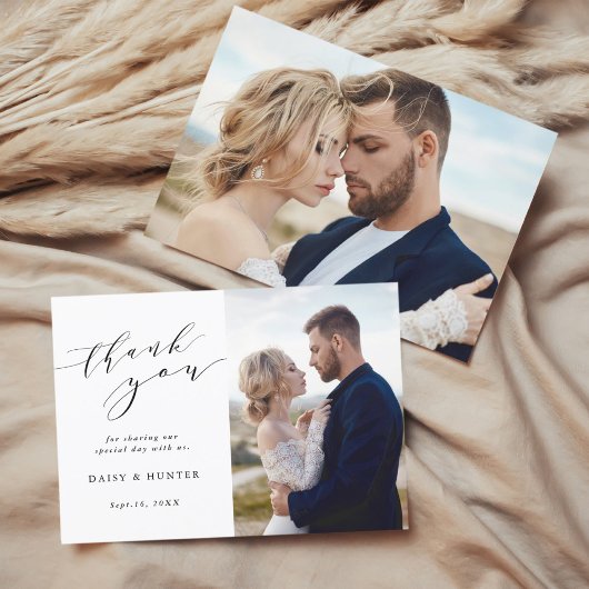 エレガントシンプル書結婚2枚写真 サンキューカード