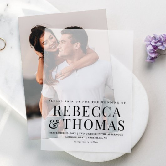 エレガントシンプル書道結婚の写真オーバーレイ ベラム紙招待状