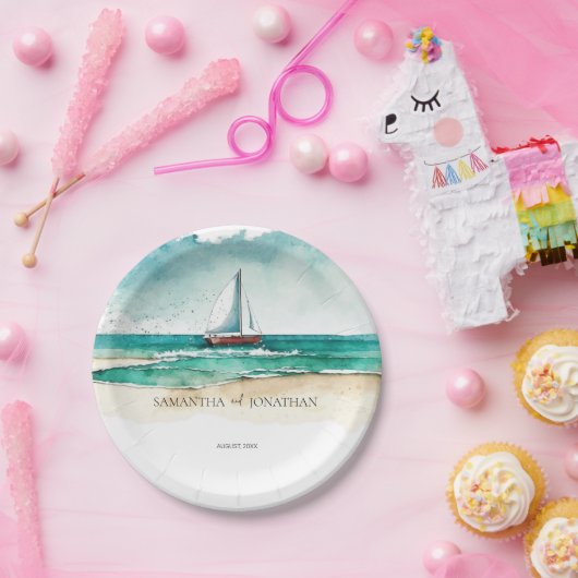 エレガントシンプル水彩船クルーズ結婚ズ ペーパープレート (パーティー)