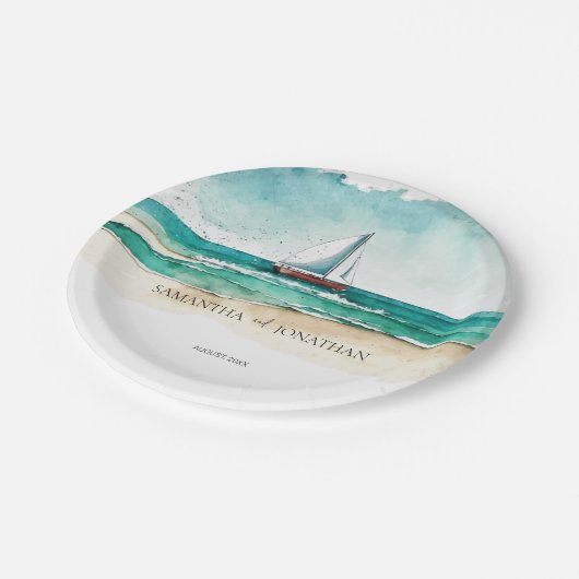 エレガントシンプル水彩船クルーズ結婚ズ ペーパープレート (アングル)
