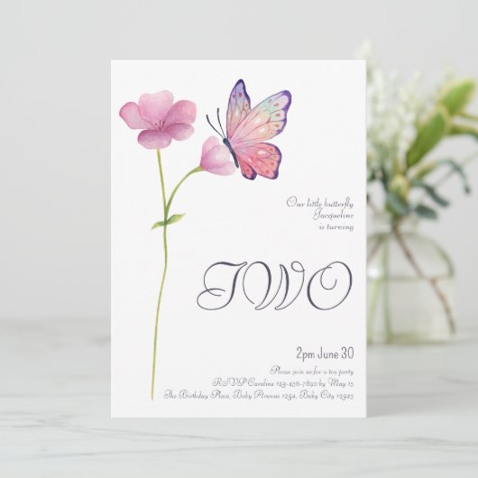 エレガントシンプル水彩蝶の第2誕生日 招待状 (スタンド正面)