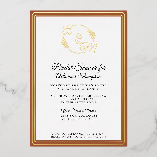 エレガントシンプル焼オレンジ金ゴールドブライダルシャワー 箔招待状 (正面)