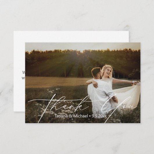エレガントシンプル白の結婚写真 サンキューカード (正面/裏面)