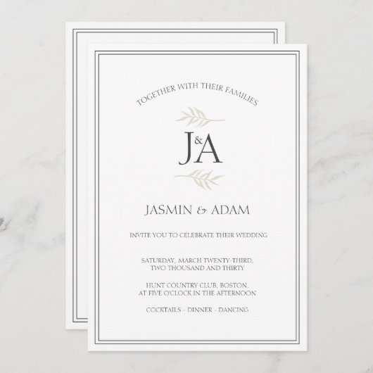 エレガントシンプル白クラシックイニシャル結婚ズ 招待状 (正面/裏面)