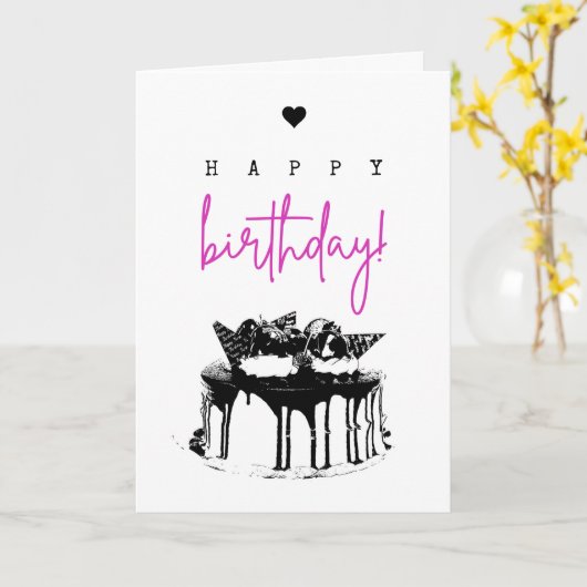 エレガントシンプル白黒お誕生日ケーキ カード (黄色い花)