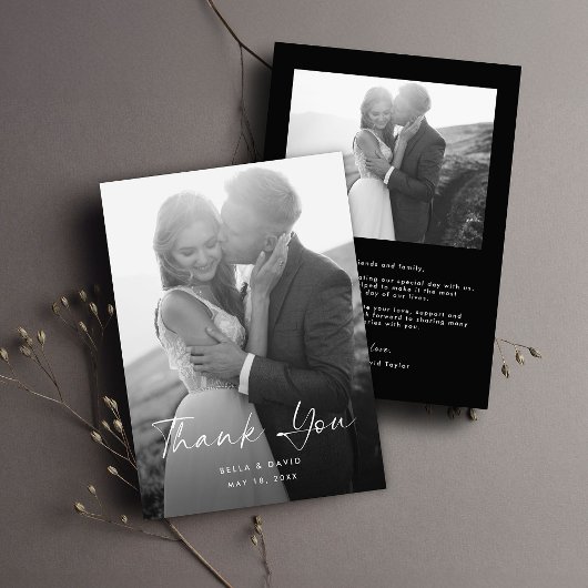 エレガントシンプル白黒スクリプト写真結婚の サンキューカード