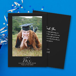 エレガントシンプル白黒スクリプト卒業写真 サンキューカード