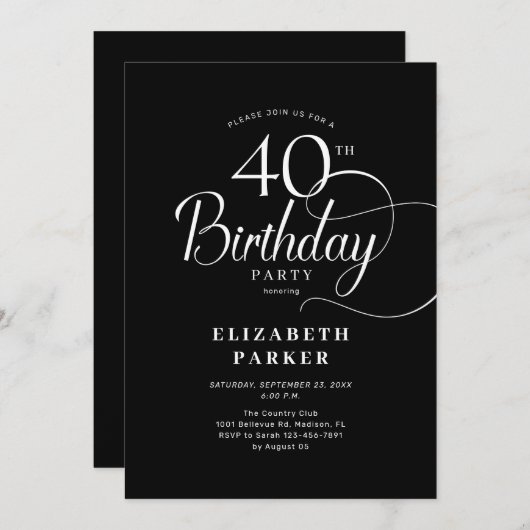 エレガントシンプル白黒脚本40歳の誕生日 招待状 (正面/裏面)