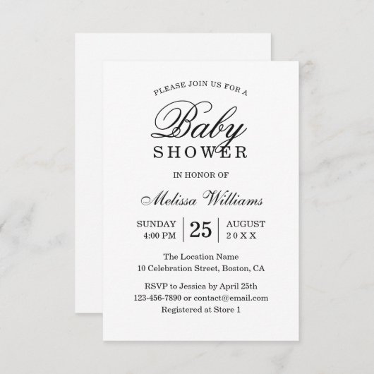 エレガントシンプル白黒赤ちゃんシャワー 招待状 (正面/裏面)