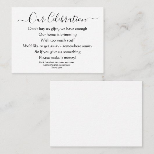 エレガントシンプル結婚贈与無し貨幣詩 エンクロージャーカード (正面/裏面)