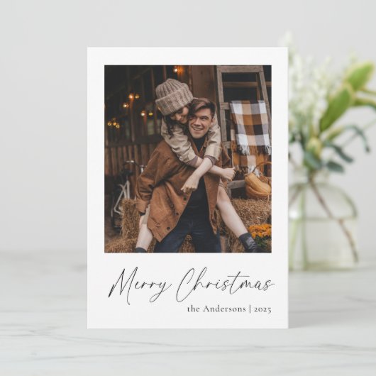 エレガントシンプル脚本カップル写真メリークリスマス シーズンカード (スタンド正面)