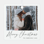 エレガントシンプル脚本カップル写真メリークリスマス メタルオーナメント (正面)