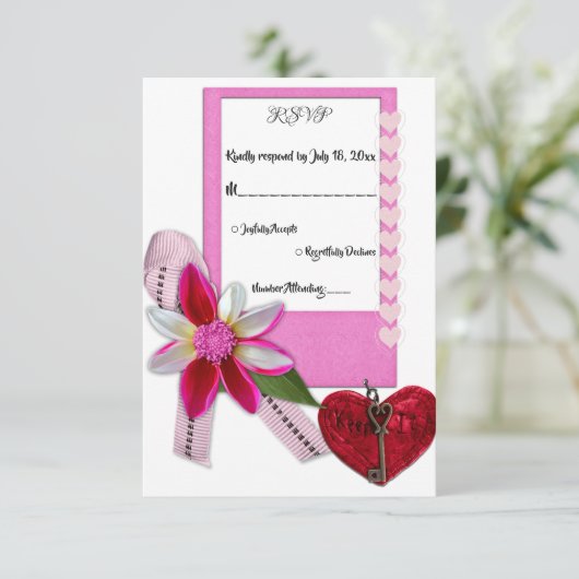 エレガントシンプル赤いハートロマン結婚ス 出欠カード (スタンド正面)