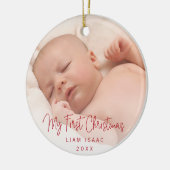 エレガントシンプル赤ベビー写真マイ初めてのクリスマス セラミックオーナメント (左)