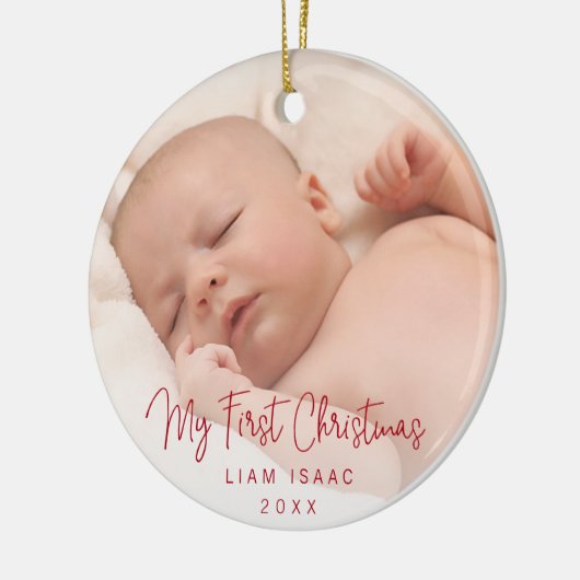 エレガントシンプル赤ベビー写真マイ初めてのクリスマス セラミックオーナメント (左)