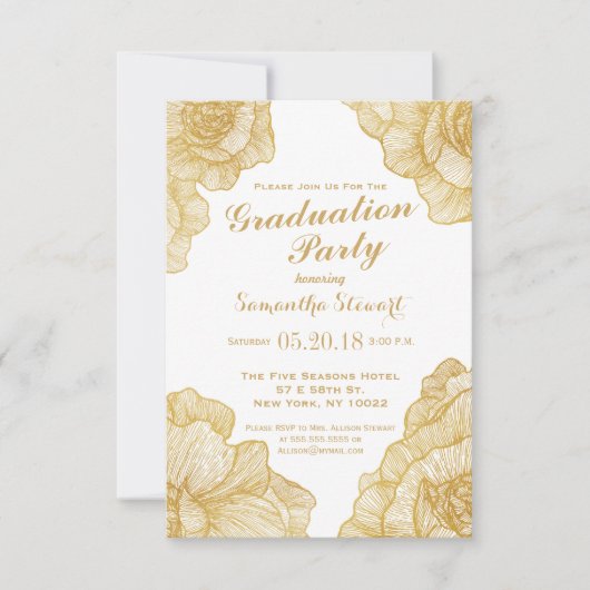 エレガントシンプル金ゴールドフローラ卒業党招待状 招待状 (正面)
