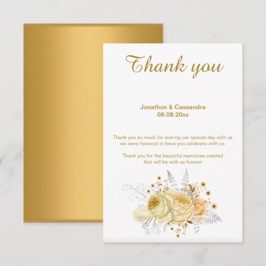エレガントシンプル金ゴールドフローラ金ゴールドリバースサンキュー 招待状 (正面/裏面)