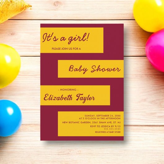 エレガントシンプル金ゴールドブルゴーニュとシックなベビーシャワー 招待状