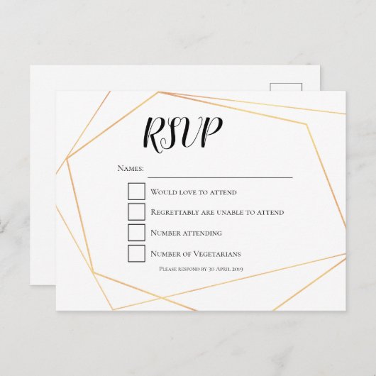 エレガントシンプル金ゴールド幾何学模様フレーム結婚式RSVP ポストカード (正面/裏面)
