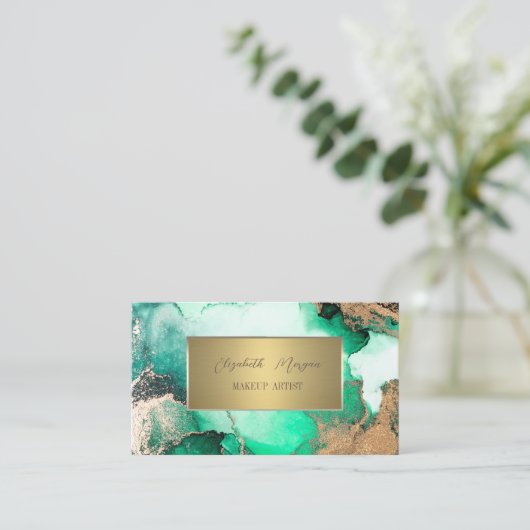 エレガントシンプル金ゴールド枠、緑の大理石 名刺 (スタンド正面)