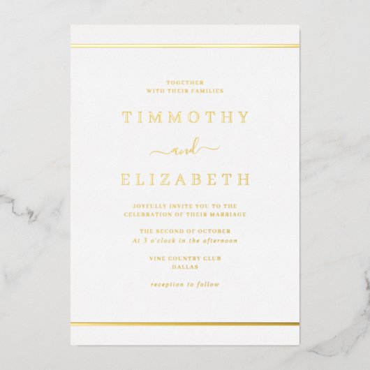 エレガントシンプル金ゴールド結婚s 箔招待状 (正面)