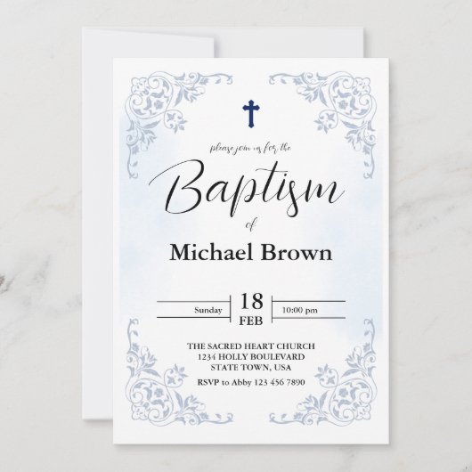 エレガントシンプル青カトリック洗礼十字架 招待状 (正面)
